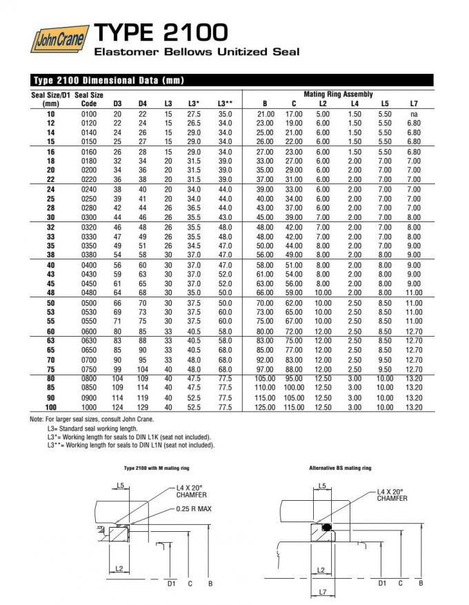 t2100 45mm john crane seals 45x61x30mm type 2100 elastomer bellows john crane mech seal