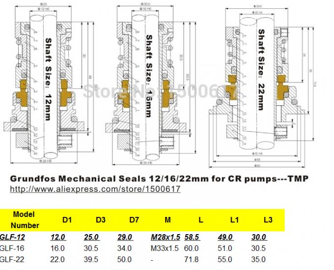 GLF12 Grundfos Mechanical Seals for CR1/CR3/CR5 series pumps wih shaft